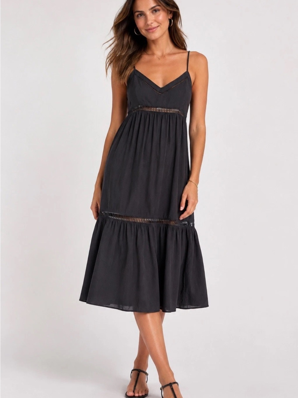 Abercrombie & Fitch Sz M Black Tiered Sheer Midi Dress Spaghetti Strap V-Neck